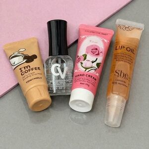 Mini Self-Care Beauty Bundle – Lip Oil, Hand Cream, Scrub & Base Coat